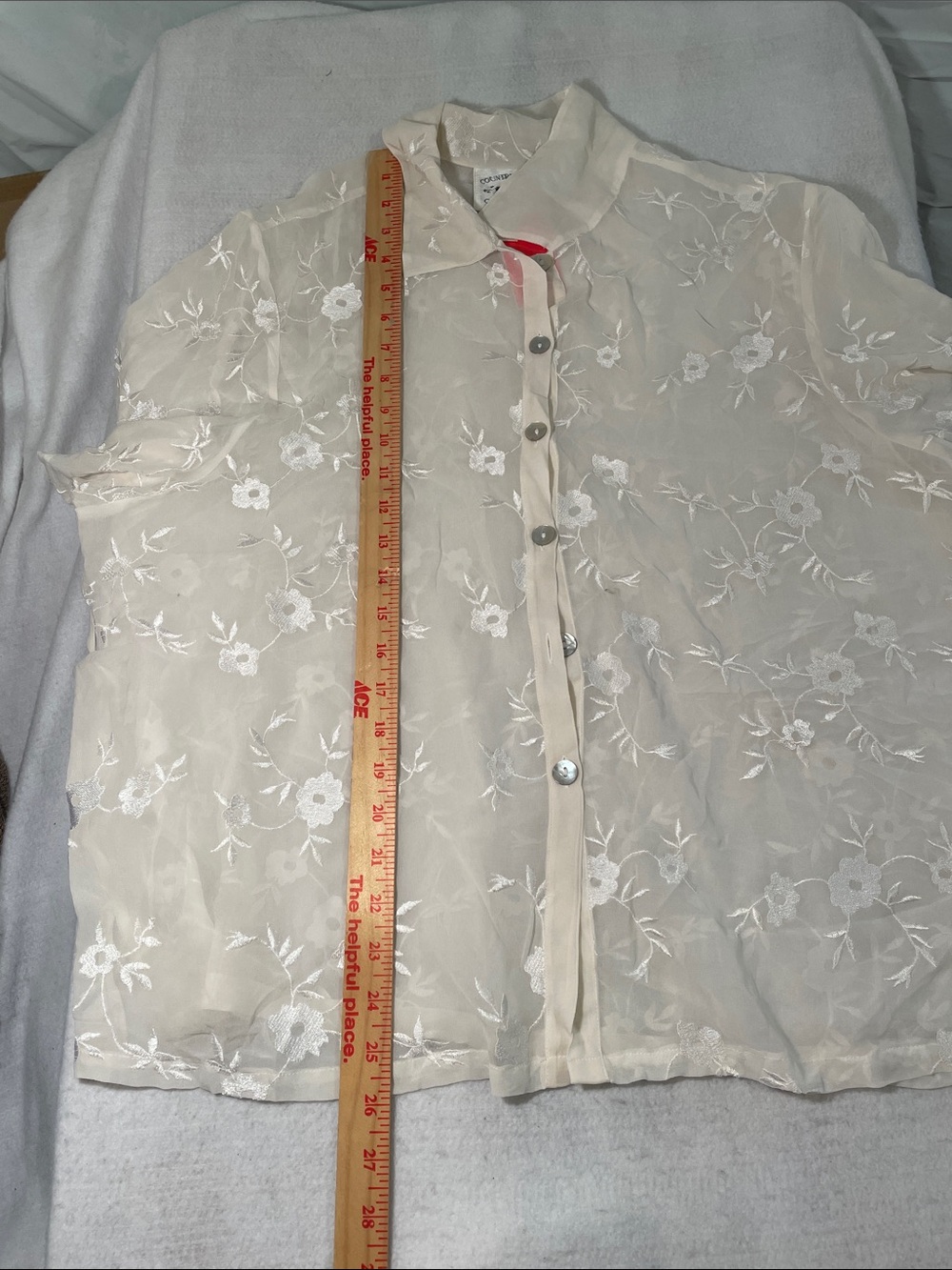 100% Silk Women's Cream Floral Embroidered Button-Up Blouse - Picture 8 of 8
